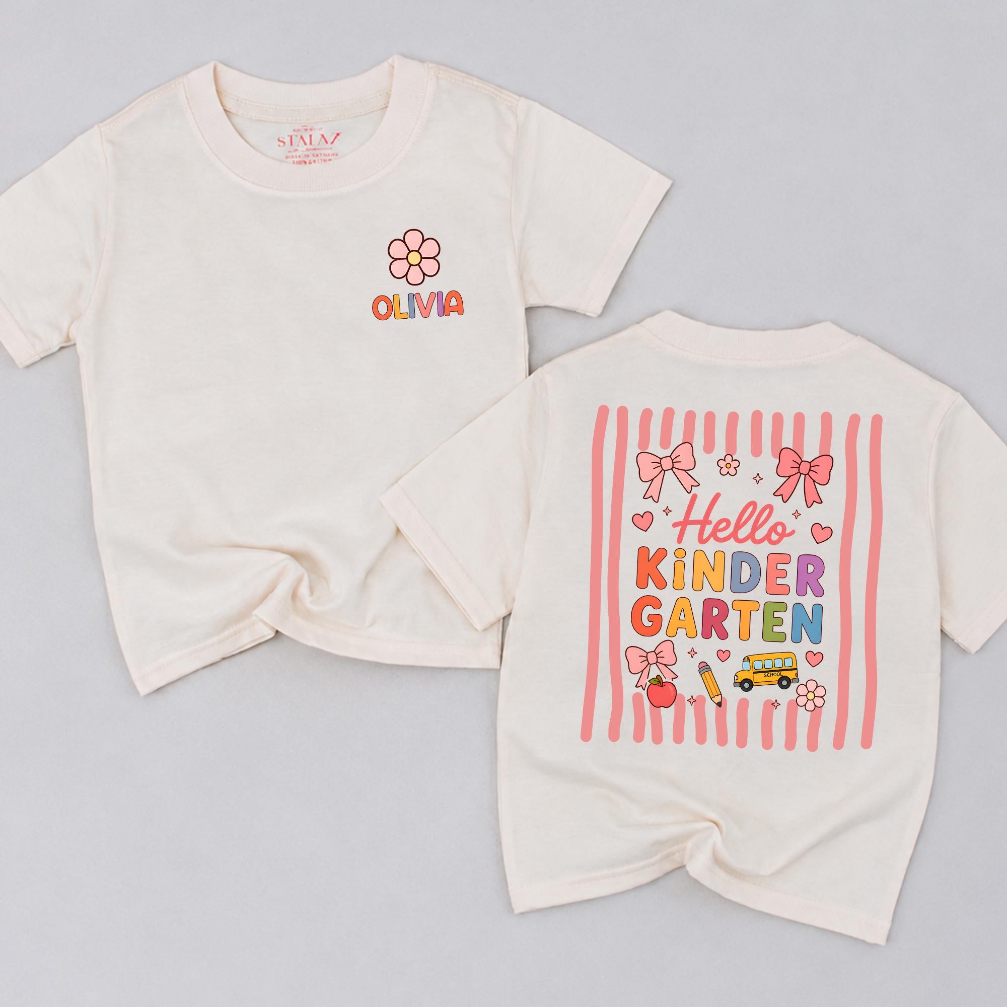 Personalized Hello Kindergarten Shirt for Girls with Custom Name, First Day of School Outfit Coquette Bow Design, Pink Stripes and Icons