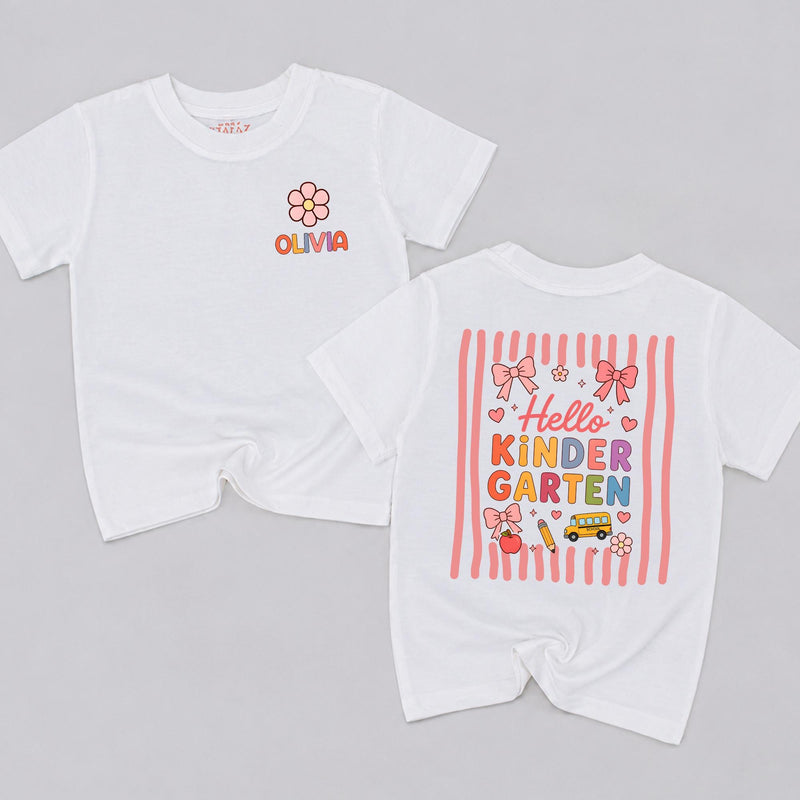 Personalized Hello Kindergarten Shirt for Girls with Custom Name, First Day of School Outfit Coquette Bow Design, Pink Stripes and Icons