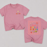 Personalized Hello Kindergarten Shirt for Girls with Custom Name, First Day of School Outfit Coquette Bow Design, Pink Stripes and Icons