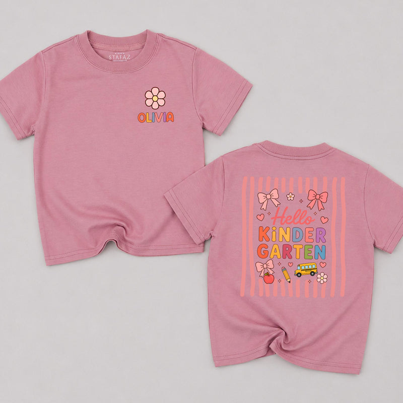 Personalized Hello Kindergarten Shirt for Girls with Custom Name, First Day of School Outfit Coquette Bow Design, Pink Stripes and Icons