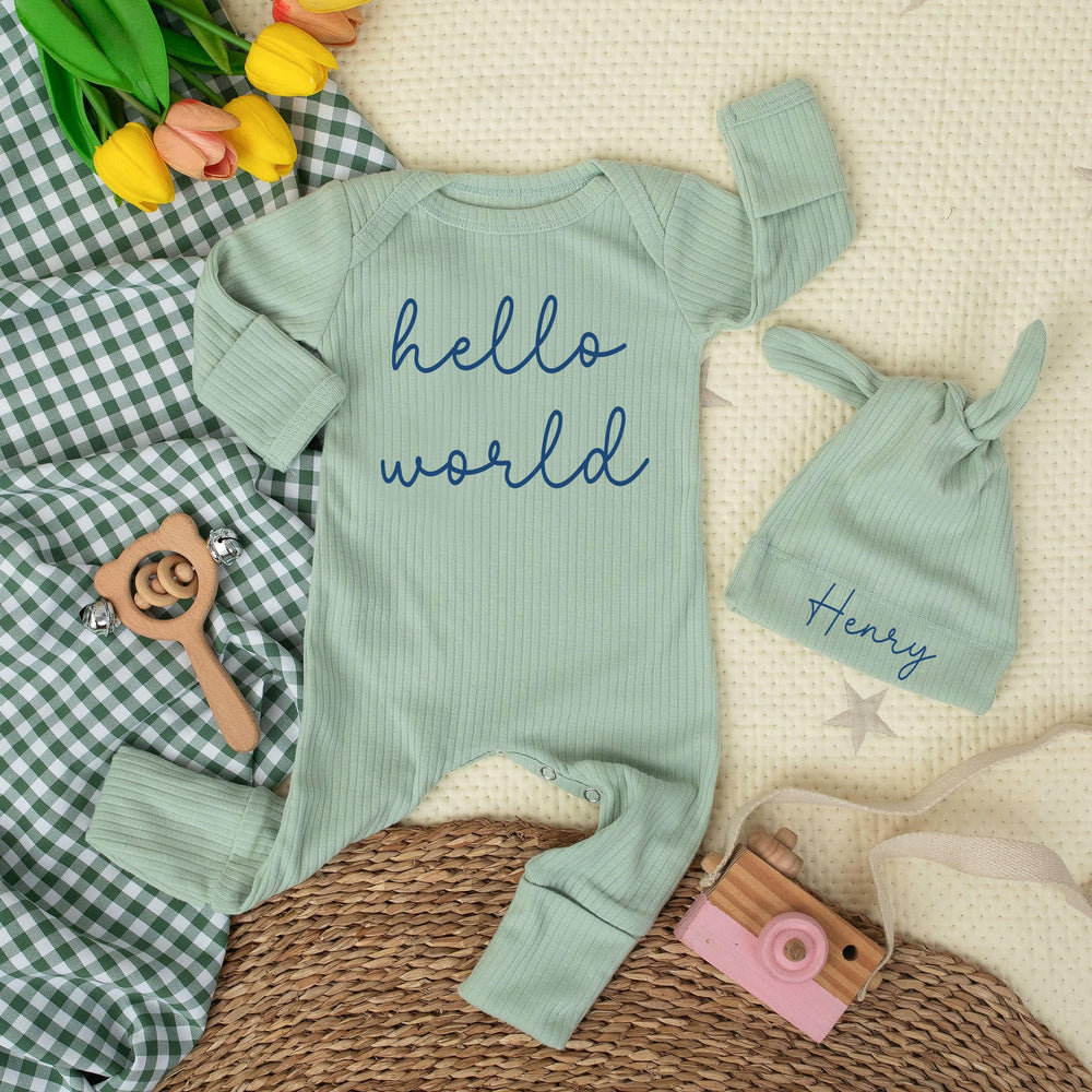 Personalized Hello World Baby Bodysuit with Custom Name Hat Soft Cotton Newborn Outfit Perfect for Baby Shower Gift or Coming Home Outfit