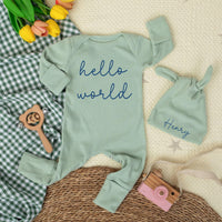 Personalized Hello World Baby Bodysuit with Custom Name Hat Soft Cotton Newborn Outfit Perfect for Baby Shower Gift or Coming Home Outfit