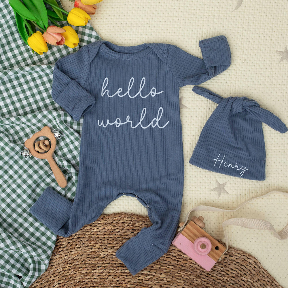 Personalized Hello World Baby Bodysuit with Custom Name Hat Soft Cotton Newborn Outfit Perfect for Baby Shower Gift or Coming Home Outfit