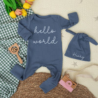 Personalized Hello World Baby Bodysuit with Custom Name Hat Soft Cotton Newborn Outfit Perfect for Baby Shower Gift or Coming Home Outfit