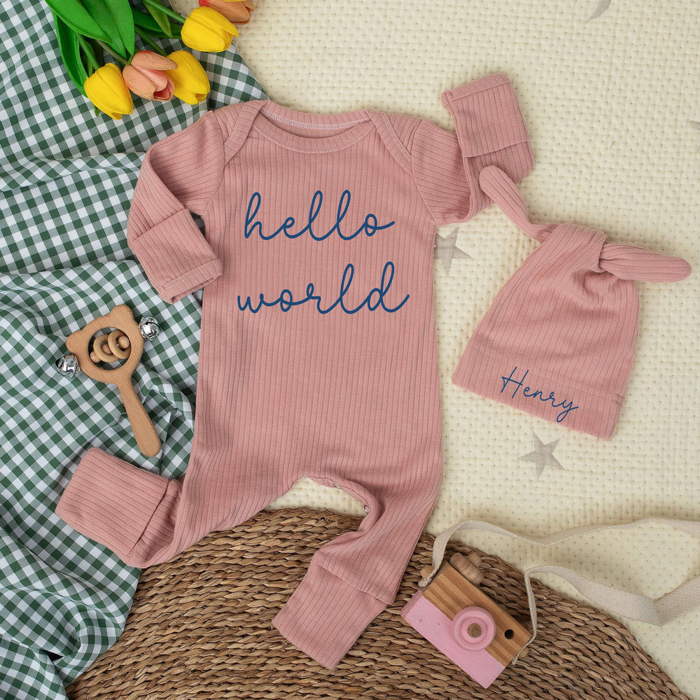 Personalized Hello World Baby Bodysuit with Custom Name Hat Soft Cotton Newborn Outfit Perfect for Baby Shower Gift or Coming Home Outfit