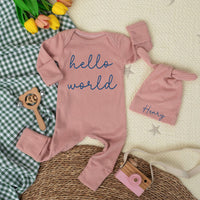 Personalized Hello World Baby Bodysuit with Custom Name Hat Soft Cotton Newborn Outfit Perfect for Baby Shower Gift or Coming Home Outfit