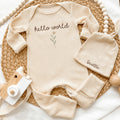 Personalized Hello World Baby Girl Ribbed Bodysuit & Hat Set, Soft Cotton Newborn Coming Home Outfit, Custom Hospital Take-Home Clothes