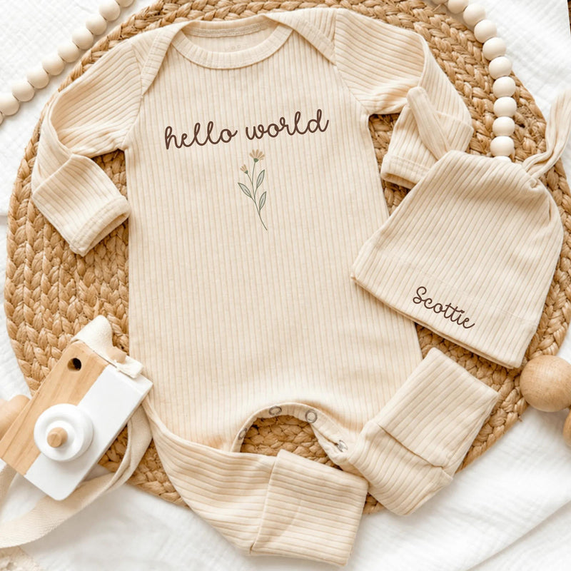 Personalized Hello World Baby Girl Ribbed Bodysuit & Hat Set, Soft Cotton Newborn Coming Home Outfit, Custom Hospital Take-Home Clothes