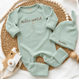 Personalized Hello World Baby Girl Ribbed Bodysuit & Hat Set, Soft Cotton Newborn Coming Home Outfit, Custom Hospital Take-Home Clothes