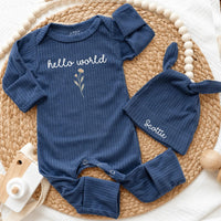 Personalized Hello World Baby Girl Ribbed Bodysuit & Hat Set, Soft Cotton Newborn Coming Home Outfit, Custom Hospital Take-Home Clothes