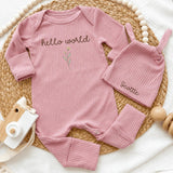Personalized Hello World Baby Girl Ribbed Bodysuit & Hat Set, Soft Cotton Newborn Coming Home Outfit, Custom Hospital Take-Home Clothes