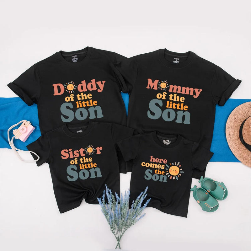 Personalized 'Here Comes the Little Son' Matching Family Shirts – Custom Summer Tees for Baby, Mom, Dad, and Sister – Soft Cotton Outfit