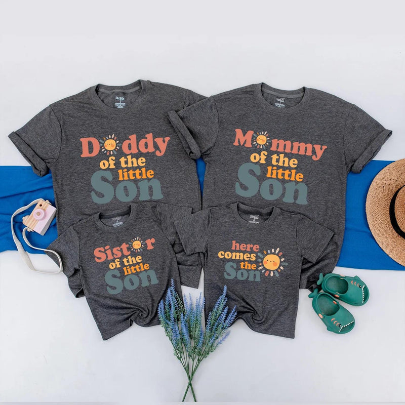 Personalized 'Here Comes the Little Son' Matching Family Shirts – Custom Summer Tees for Baby, Mom, Dad, and Sister – Soft Cotton Outfit