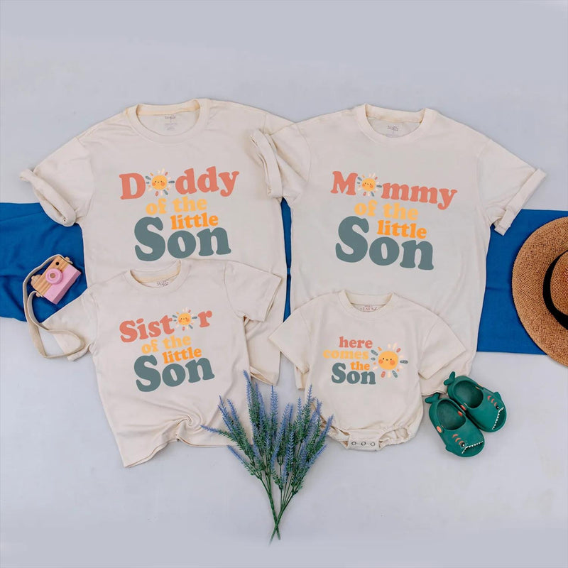 Personalized 'Here Comes the Little Son' Matching Family Shirts – Custom Summer Tees for Baby, Mom, Dad, and Sister – Soft Cotton Outfit