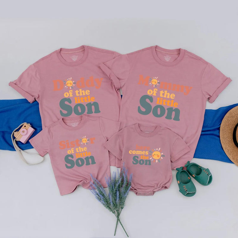 Personalized 'Here Comes the Little Son' Matching Family Shirts – Custom Summer Tees for Baby, Mom, Dad, and Sister – Soft Cotton Outfit