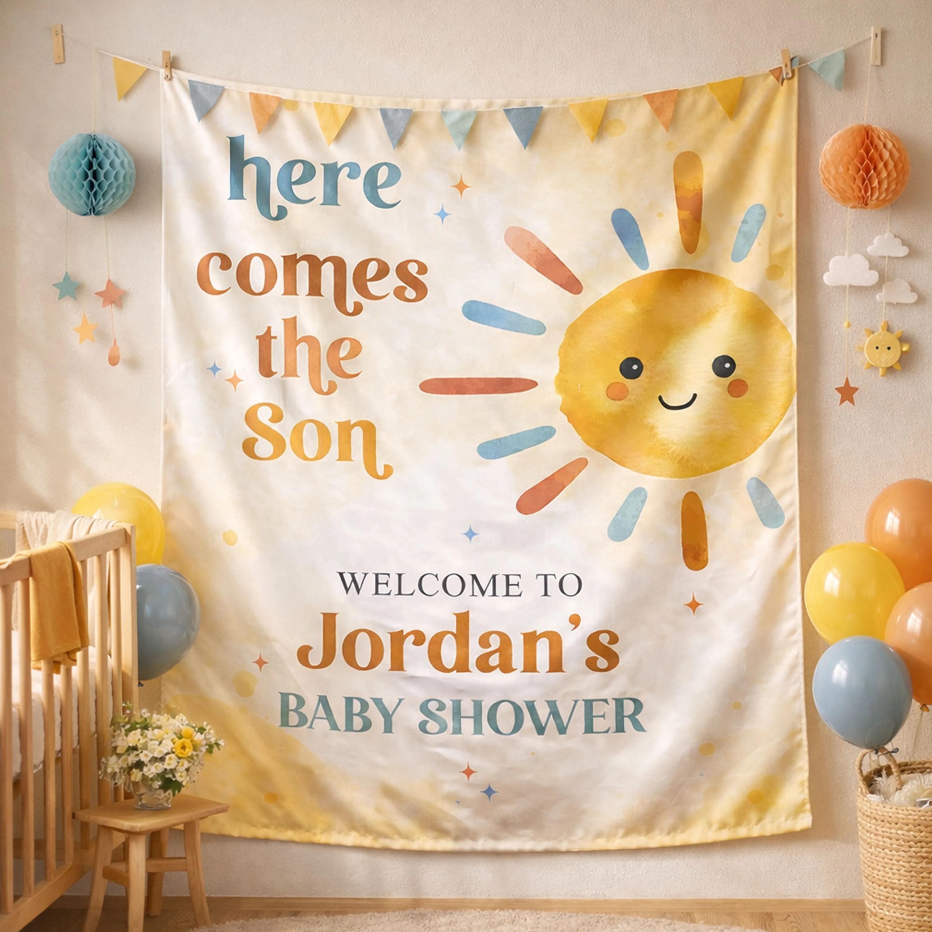 Personalized Here Comes The Son Baby Shower Banner with Custom Name, Retro Sun Design Boy Party Decor Warm Earthy Colors Cream Background
