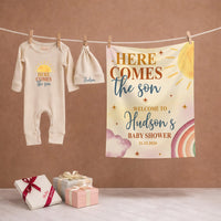 Personalized Here Comes The Son Baby Shower Set with Boho Sun Romper Hat Soft Cotton Outfit Vintage-Inspired Welcome Sign Custom Gift