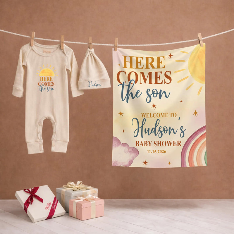 Personalized Here Comes The Son Baby Shower Set with Boho Sun Romper Hat Soft Cotton Outfit Vintage-Inspired Welcome Sign Custom Gift