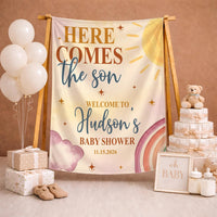 Personalized Here Comes The Son Baby Shower Set with Boho Sun Romper Hat Soft Cotton Outfit Vintage-Inspired Welcome Sign Custom Gift