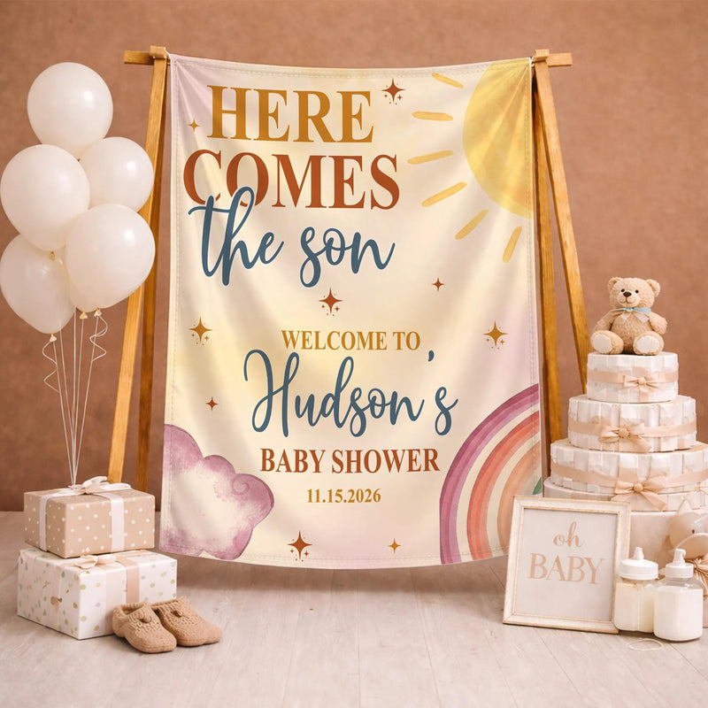Personalized Here Comes The Son Baby Shower Set with Boho Sun Romper Hat Soft Cotton Outfit Vintage-Inspired Welcome Sign Custom Gift