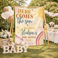 Personalized Here Comes The Son Baby Shower Set with Boho Sun Romper Hat Soft Cotton Outfit Vintage-Inspired Welcome Sign Custom Gift