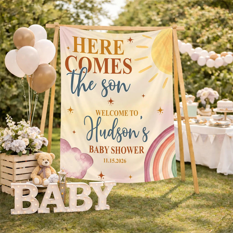 Personalized Here Comes The Son Baby Shower Set with Boho Sun Romper Hat Soft Cotton Outfit Vintage-Inspired Welcome Sign Custom Gift