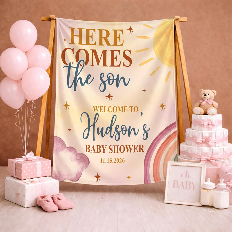Personalized Here Comes The Son Baby Shower Set with Boho Sun Romper Hat Soft Cotton Outfit Vintage-Inspired Welcome Sign Custom Gift