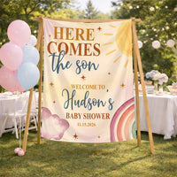Personalized Here Comes The Son Baby Shower Set with Boho Sun Romper Hat Soft Cotton Outfit Vintage-Inspired Welcome Sign Custom Gift