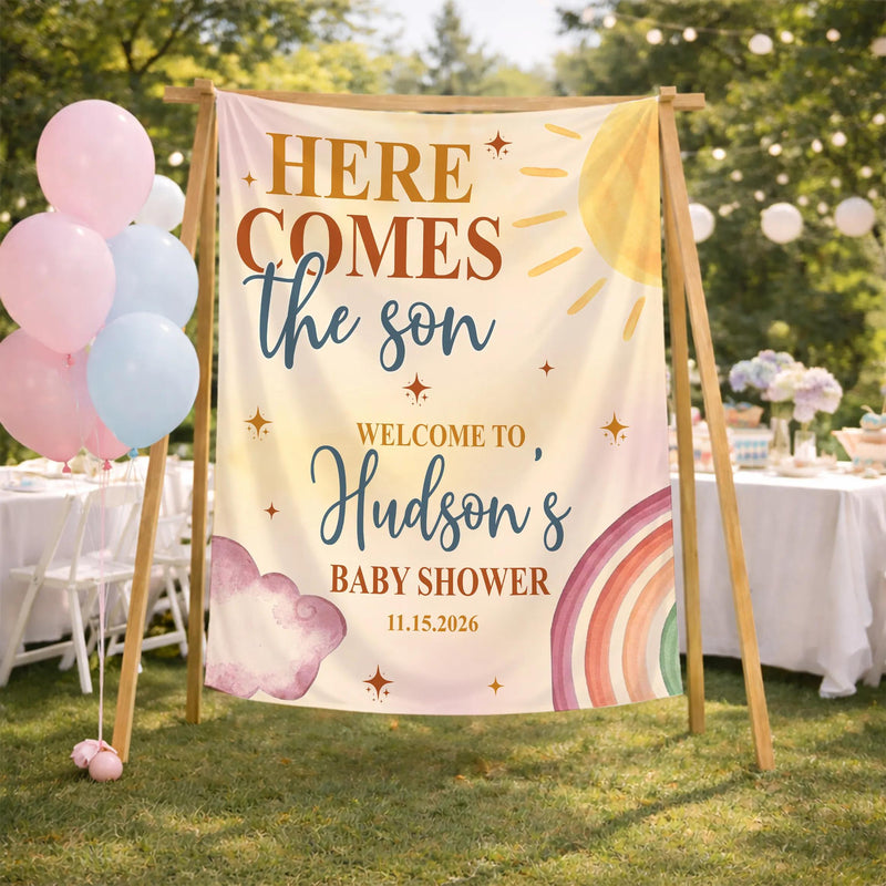 Personalized Here Comes The Son Baby Shower Set with Boho Sun Romper Hat Soft Cotton Outfit Vintage-Inspired Welcome Sign Custom Gift