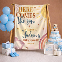 Personalized Here Comes The Son Baby Shower Set with Boho Sun Romper Hat Soft Cotton Outfit Vintage-Inspired Welcome Sign Custom Gift