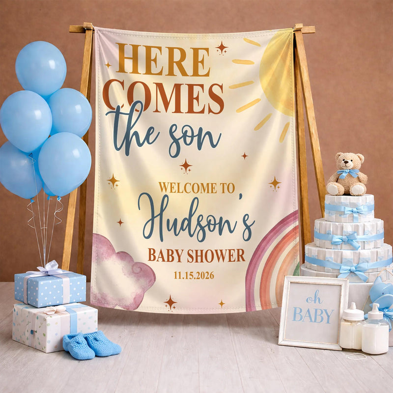 Personalized Here Comes The Son Baby Shower Set with Boho Sun Romper Hat Soft Cotton Outfit Vintage-Inspired Welcome Sign Custom Gift