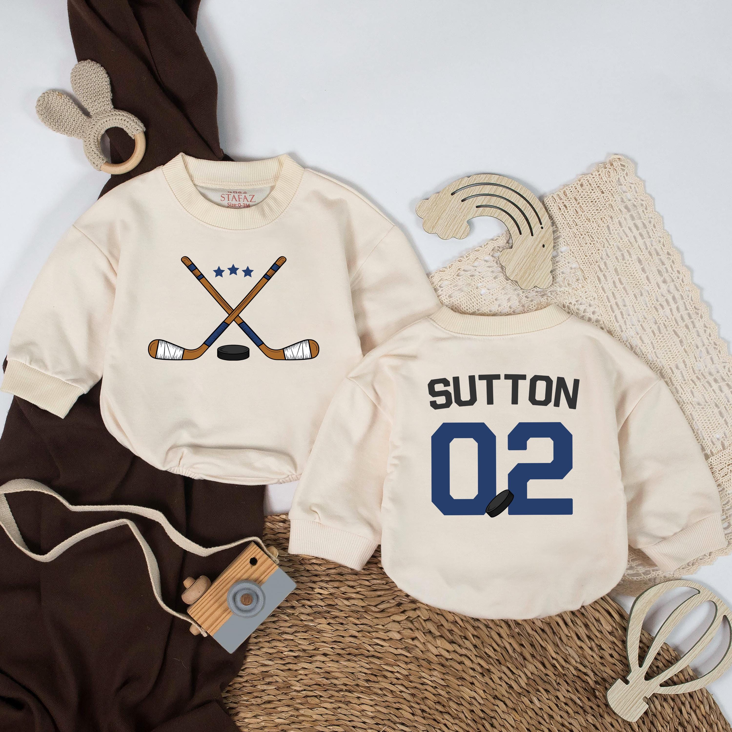 Personalized Hockey Baby Romper with Custom Name and Number, Sports-Themed Outfit for Newborns, Soft Cotton Baby Shower or Birthday Gift