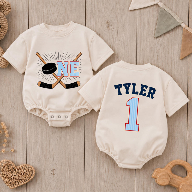 Personalized Hockey Birthday Romper for Baby Boys Custom First Hockey Outfit Soft Cotton for Cake Smash and Celebrations