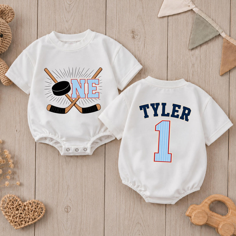 Personalized Hockey Birthday Romper for Baby Boys Custom First Hockey Outfit Soft Cotton for Cake Smash and Celebrations