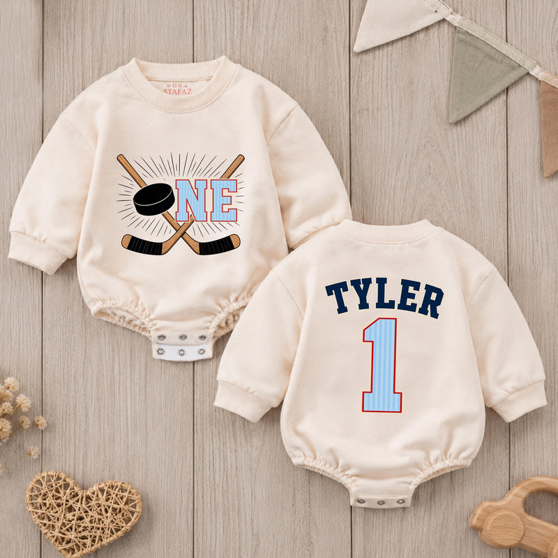 Personalized Hockey Birthday Romper for Baby Boys Custom First Hockey Outfit Soft Cotton for Cake Smash and Celebrations