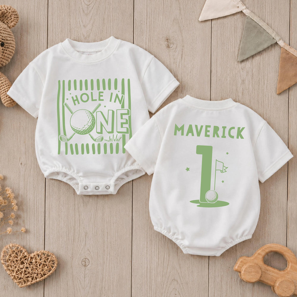 Personalized Hole in One Birthday Romper for Baby Boys with Sage Green Golf Design, Custom Name First Birthday Outfit, Cake Smash Suit