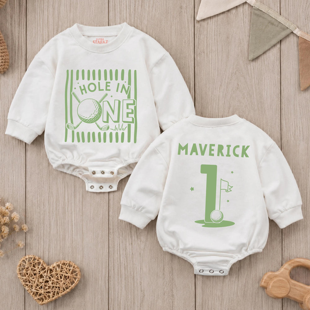 Personalized Hole in One Birthday Romper for Baby Boys with Sage Green Golf Design, Custom Name First Birthday Outfit, Cake Smash Suit