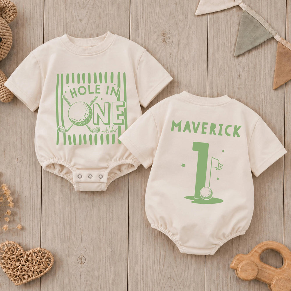 Personalized Hole in One Birthday Romper for Baby Boys with Sage Green Golf Design, Custom Name First Birthday Outfit, Cake Smash Suit