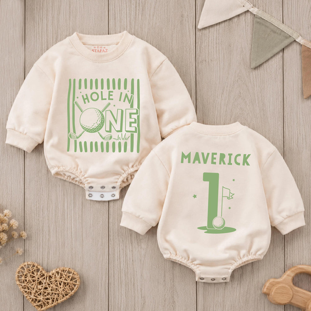 Personalized Hole in One Birthday Romper for Baby Boys with Sage Green Golf Design, Custom Name First Birthday Outfit, Cake Smash Suit