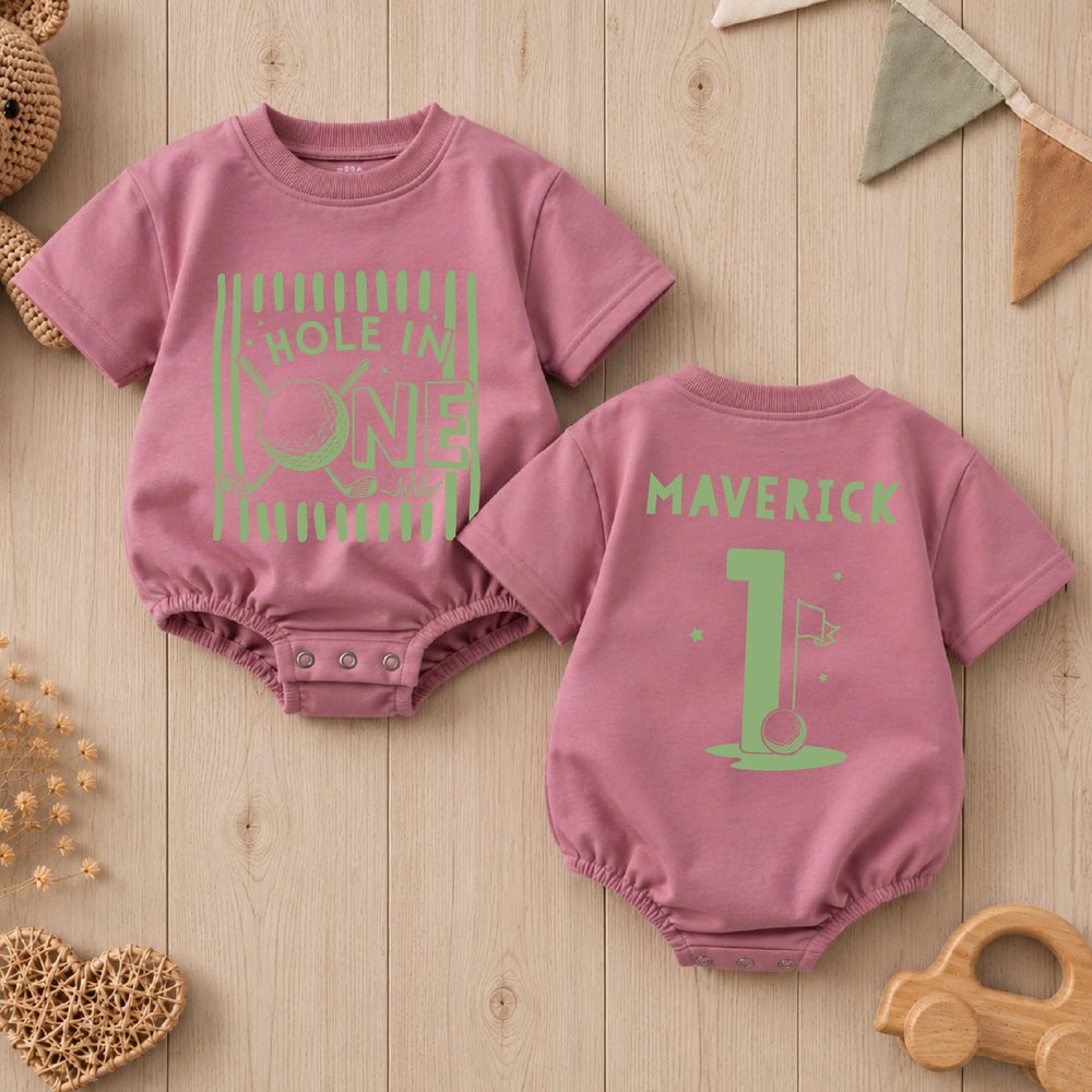 Personalized Hole in One Birthday Romper for Baby Boys with Sage Green Golf Design, Custom Name First Birthday Outfit, Cake Smash Suit
