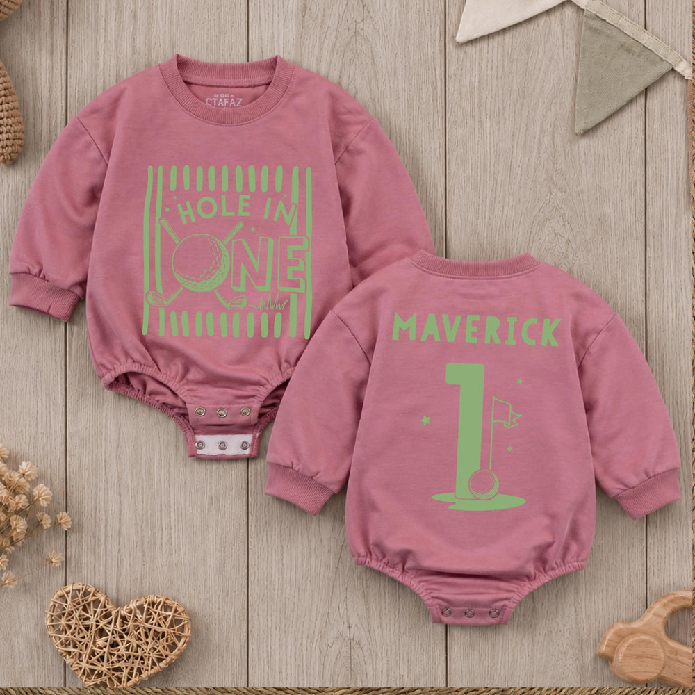 Personalized Hole in One Birthday Romper for Baby Boys with Sage Green Golf Design, Custom Name First Birthday Outfit, Cake Smash Suit