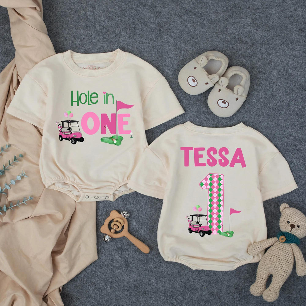 Personalized Hole in One First Birthday Outfit for Baby Girl, Pink Golf Themed Romper with Name, Fun Cake Smash Party Gift