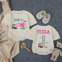 Personalized Hole in One First Birthday Outfit for Baby Girl, Pink Golf Themed Romper with Name, Fun Cake Smash Party Gift