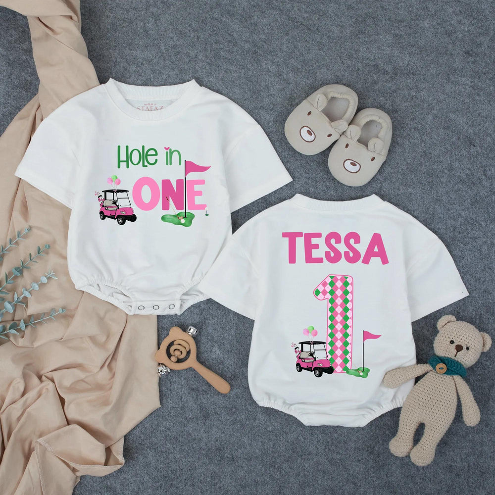 Personalized Hole in One First Birthday Outfit for Baby Girl, Pink Golf Themed Romper with Name, Fun Cake Smash Party Gift
