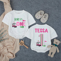 Personalized Hole in One First Birthday Outfit for Baby Girl, Pink Golf Themed Romper with Name, Fun Cake Smash Party Gift