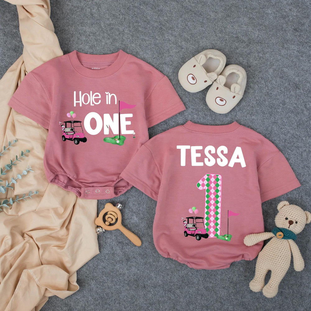 Personalized Hole in One First Birthday Outfit for Baby Girl, Pink Golf Themed Romper with Name, Fun Cake Smash Party Gift