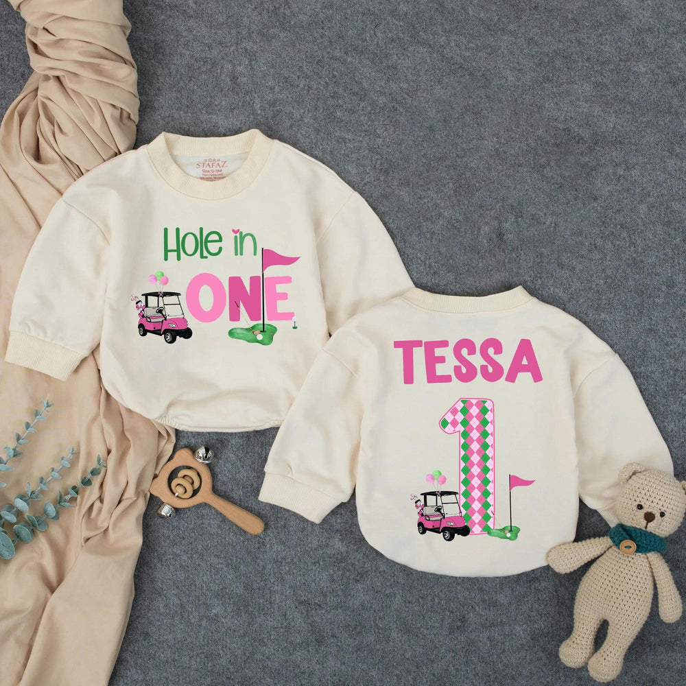 Personalized Hole in One First Birthday Outfit for Baby Girl, Pink Golf Themed Romper with Name, Fun Cake Smash Party Gift