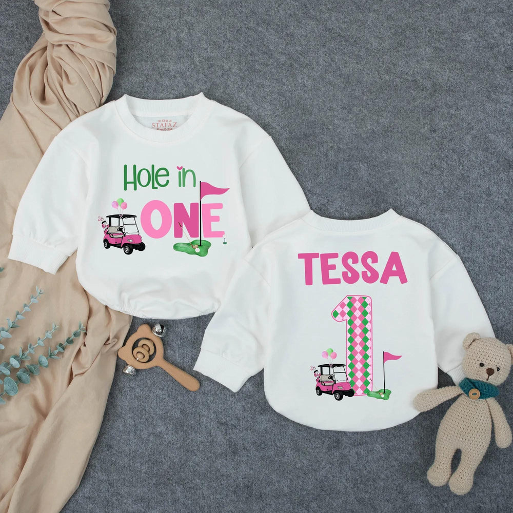 Personalized Hole in One First Birthday Outfit for Baby Girl, Pink Golf Themed Romper with Name, Fun Cake Smash Party Gift