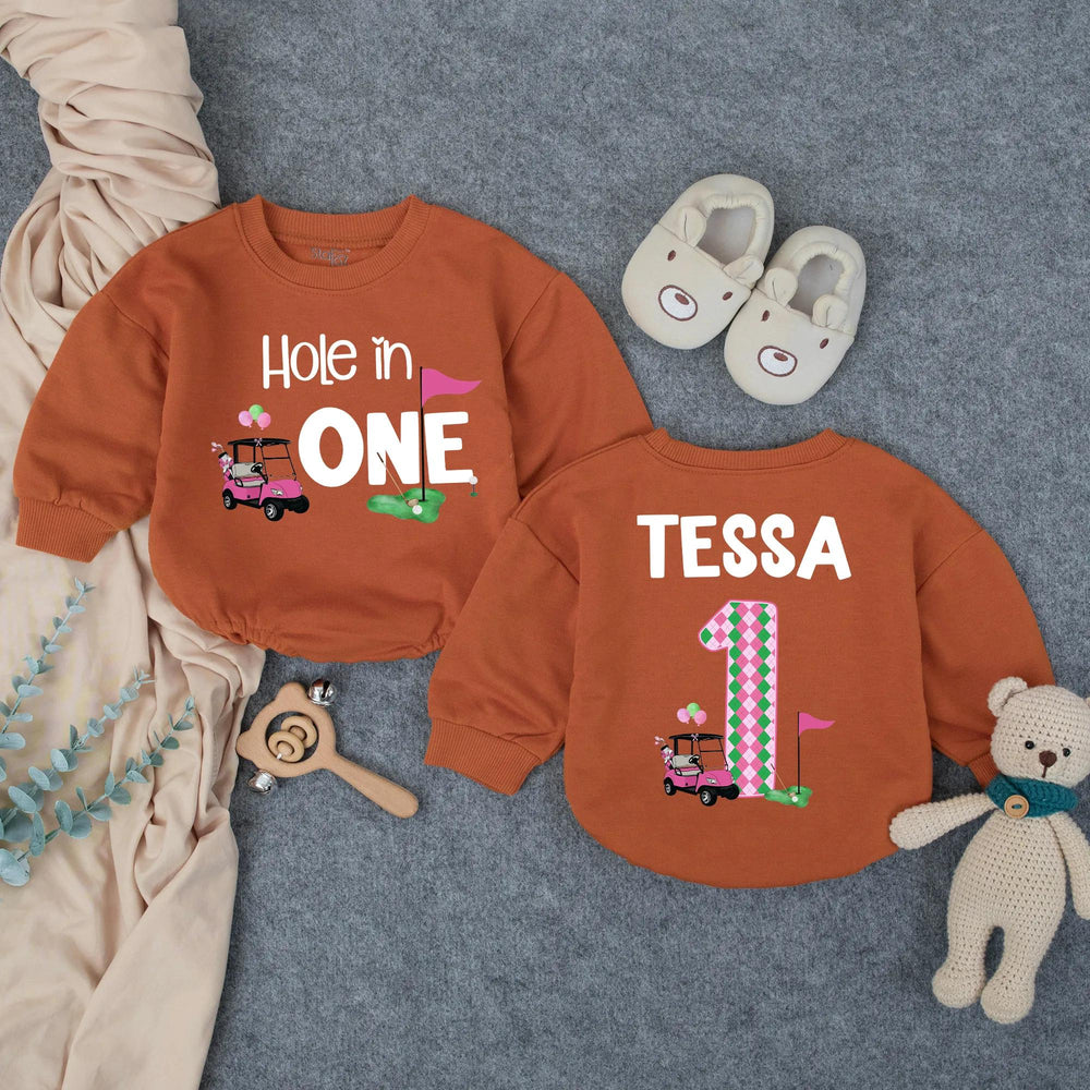 Personalized Hole in One First Birthday Outfit for Baby Girl, Pink Golf Themed Romper with Name, Fun Cake Smash Party Gift