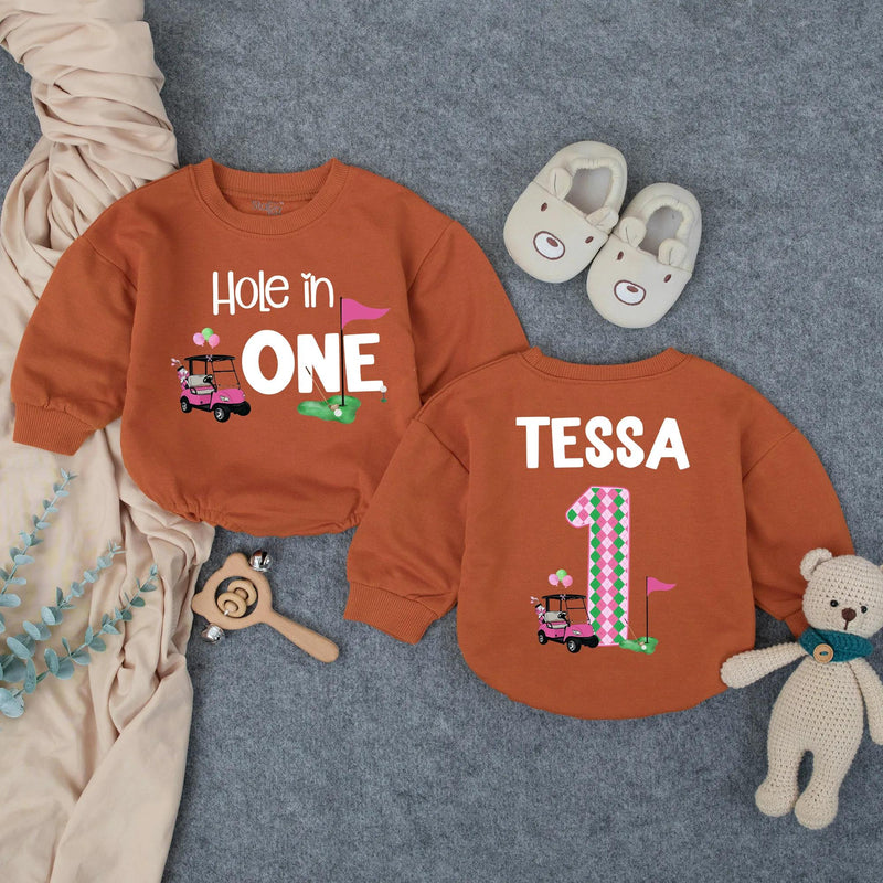 Personalized Hole in One First Birthday Outfit for Baby Girl, Pink Golf Themed Romper with Name, Fun Cake Smash Party Gift